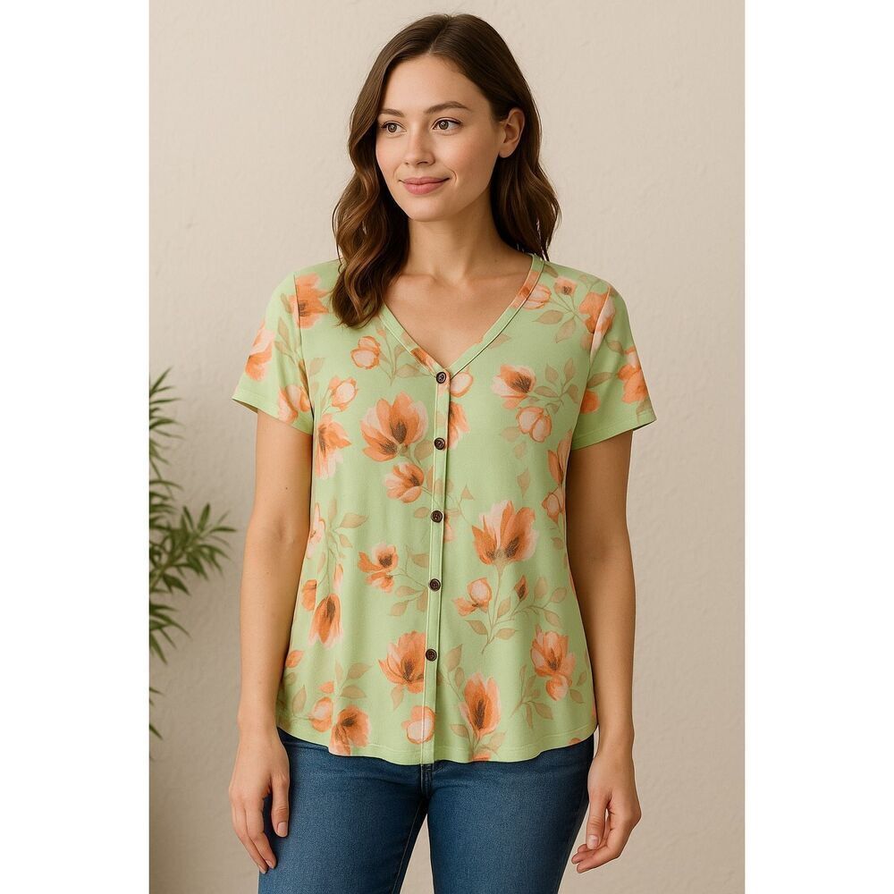 BOMBOM Mint Green Floral Button Front Short Sleeve Top Women’s XL